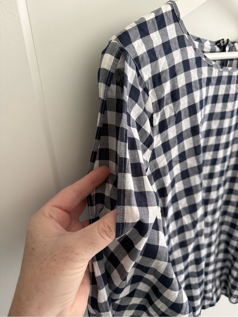 J. Crew Navy and White Gingham Lightweight Cold Shoulder Top - Picture 6 of 9